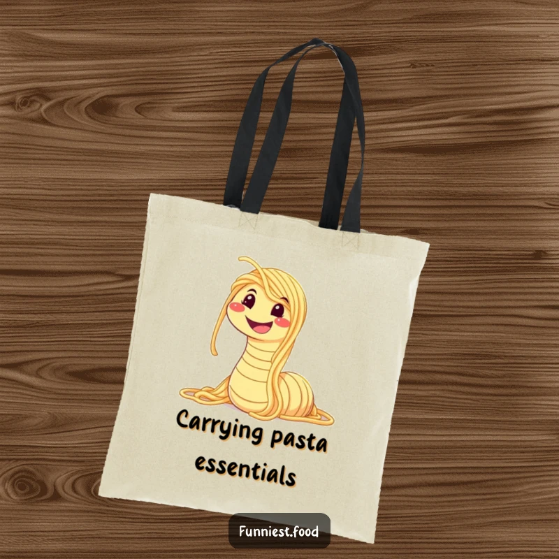 Funny tote bag featuring a smiling spaghetti worm, a whimsical and humorous accessory for carrying items with pasta-themed fun.