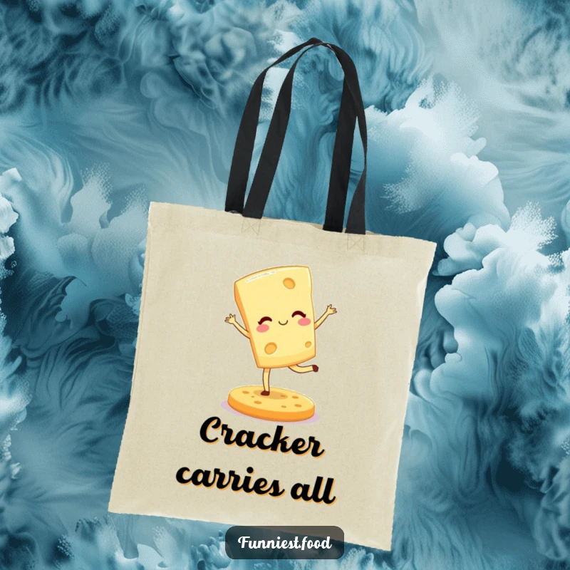 Funny tote bag featuring a winking cheese wedge pirouetting skillfully on a cracker, highlighting playful culinary art.