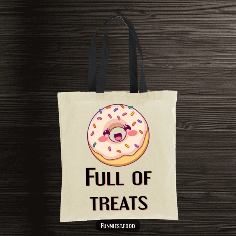 Funny Tote Bag: A smiling donut with vibrant sprinkles is depicted mid-bounce, radiating pure, energetic joy.