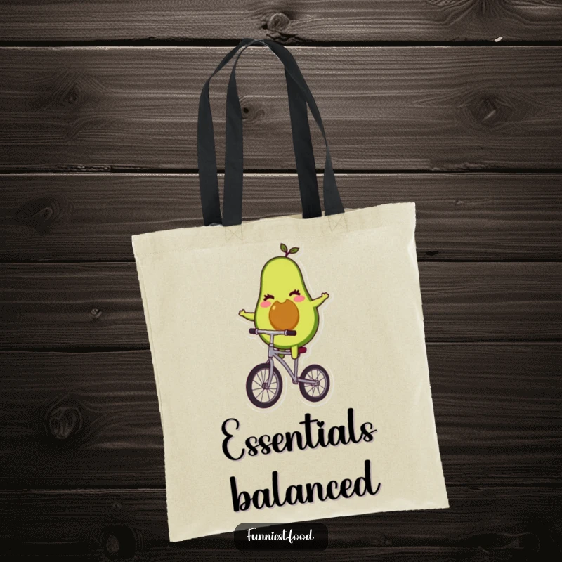 Funny winking avocado character balancing on a unicycle on a tote bag, ready to carry your essentials.