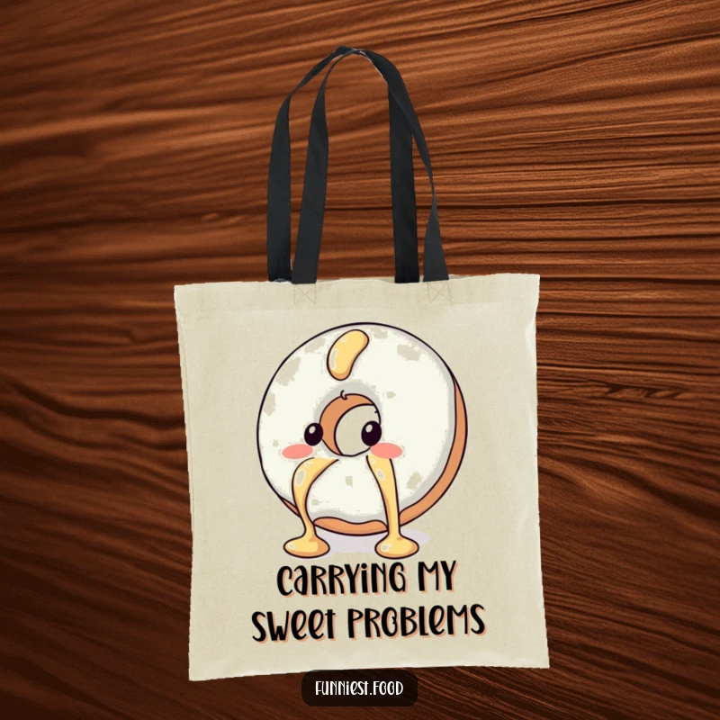 Funny tote bag with a blushing donut character trying to escape a syrup drizzle, a humorous and portable design.
