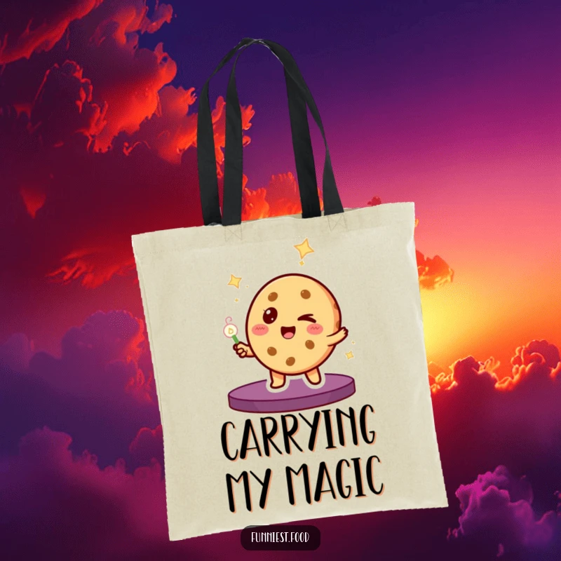 Funny Tote Bag: A winking cookie performs a magic trick, ready to carry your belongings with spellbinding style.