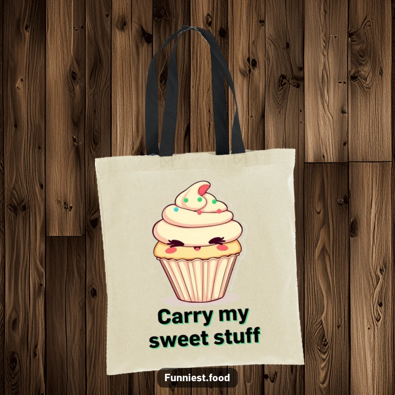 Funny Tote Bag showcasing a cheeky cupcake winking mischievously, perfect for carrying everyday items with a sweet flair.