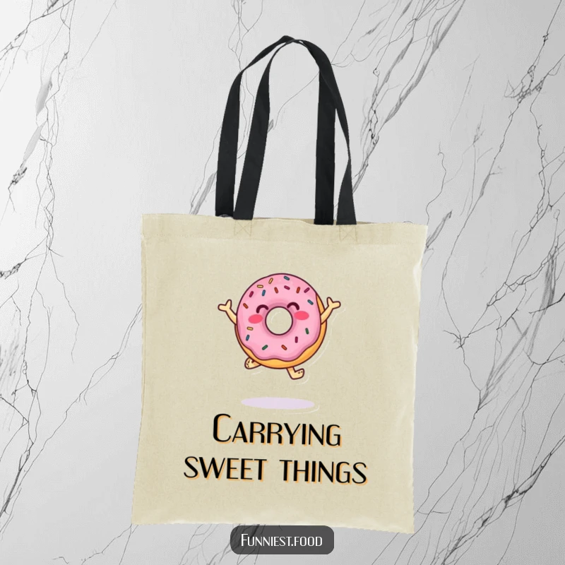 Funny Tote Bag showcasing a jumping donut character with sprinkles doing a dance, perfect for carrying treats and cheerful vibes.