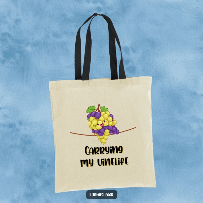 Funny tote bag illustrating a giddy bunch of grapes performing a tightrope act, a humorous carry-all for essentials.