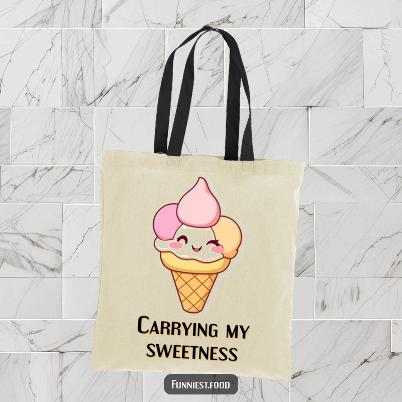 Funny Ice Cream Tote Bag: A happy ice cream cone with three winking scoops, perfect for carrying treats with style.