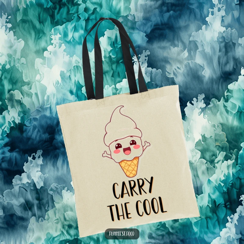 Funny Tote Bag showcasing an excited ice cream cone character wearing a cone hat, perfect for carrying daily necessities with glee.