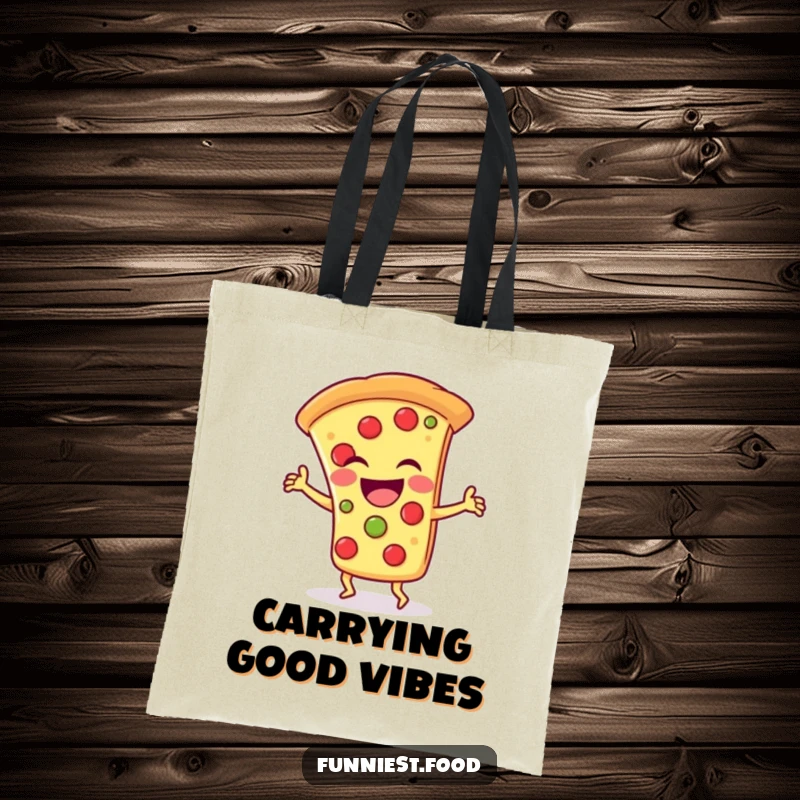 Funny Tote Bag: A laughing pizza slice character in a silly dance pose, bringing cartoon joy and everyday utility.