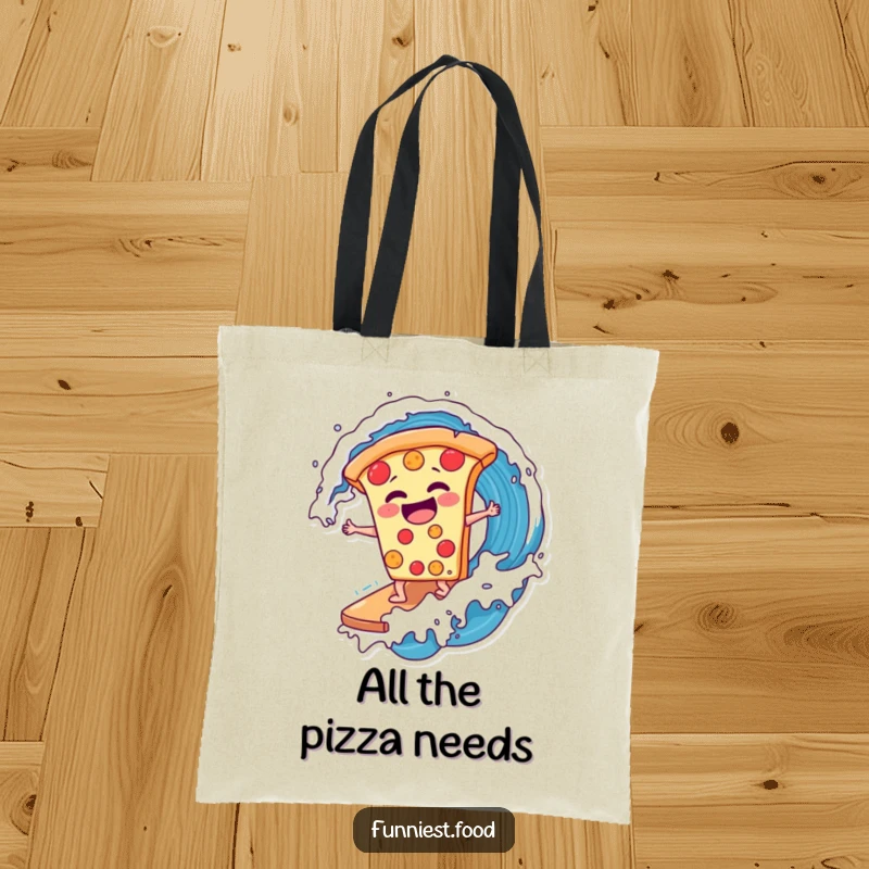 Funny laughing pizza slice surfing a soda wave on a tote bag, ideal for errands and showcasing pizza love with humor, a funny gift.