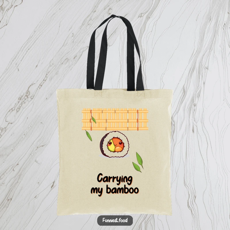 Funny tote bag with a shy sushi roll peeking from a bamboo mat, ideal for carrying daily items with a touch of adorable reserve.
