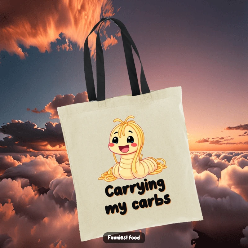 Funny spaghetti worm tote bag featuring a smiling worm made of spaghetti, great for groceries and adding humor to everyday tasks.
