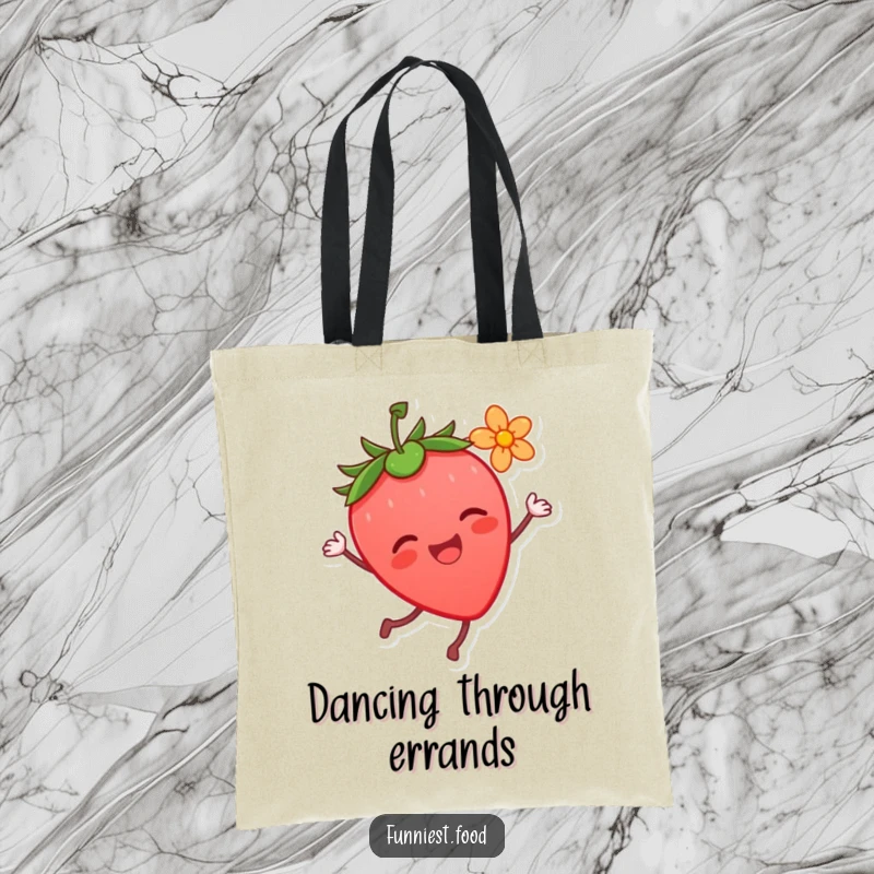Funny Strawberry Dance Tote Bag: A joyful strawberry character dances with a flower, showcasing vibrant happiness for a practical and funny gift.