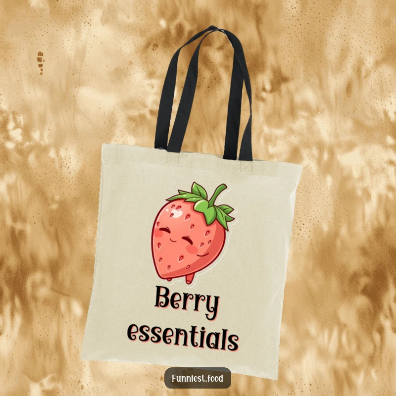 Funny Tote Bag: A smiling strawberry character tips its leafy hat and winks, showcasing its playful and charming personality.