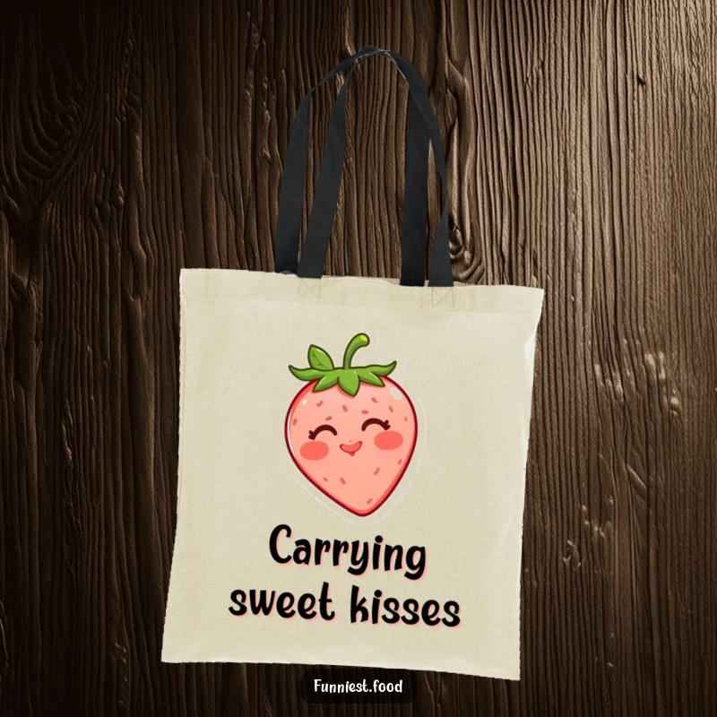 Funny strawberry tote bag with a cheerful red strawberry blowing a kiss, ideal for carrying groceries or daily items with a smile.