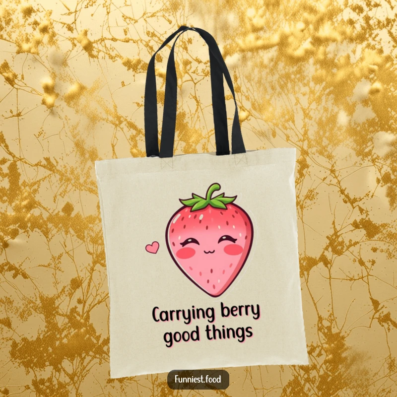 Funny tote bag showcasing a cheerful strawberry blowing a kiss, offering practical use with a dose of adorable, humorous charm.