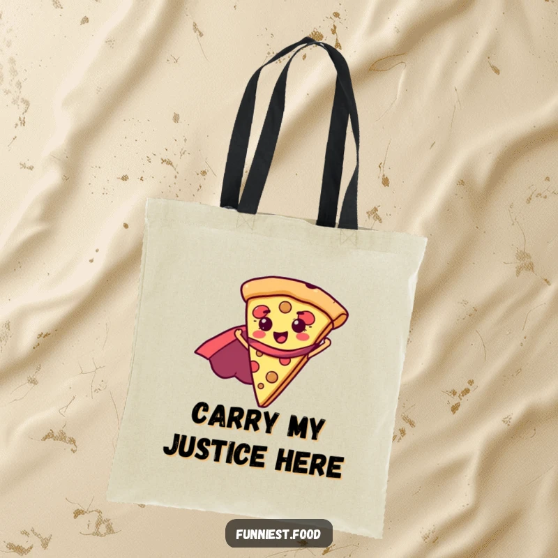 Funny pizza slice in a superhero cape, featured on a durable tote bag, ideal for shopping or carrying treasures, a funny gift.