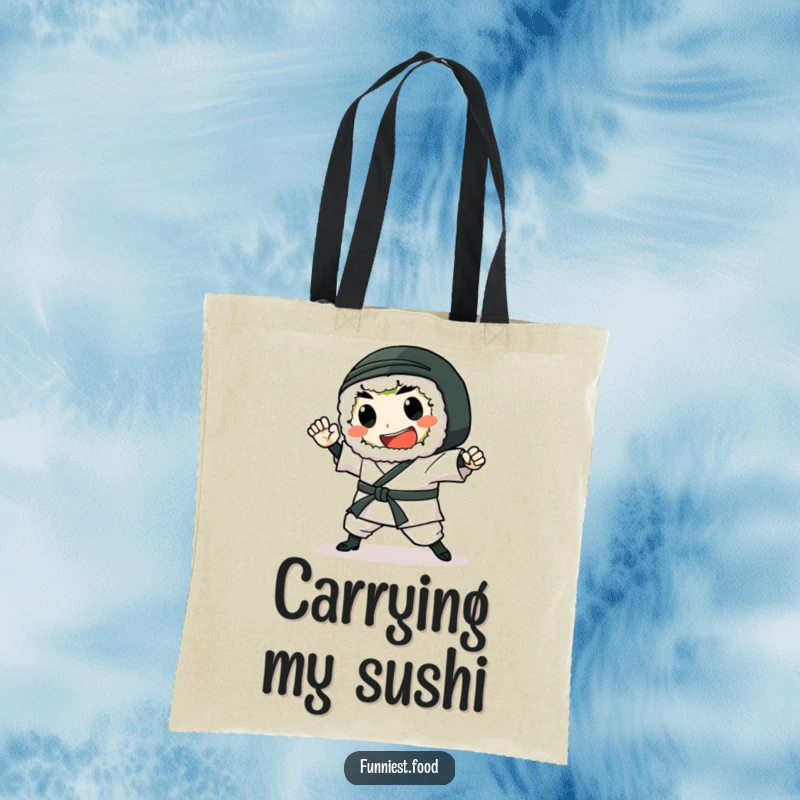 Funny Sushi Tote Bag: A gleeful sushi roll character performs a karate chop, a humorous and practical bag for all your needs.