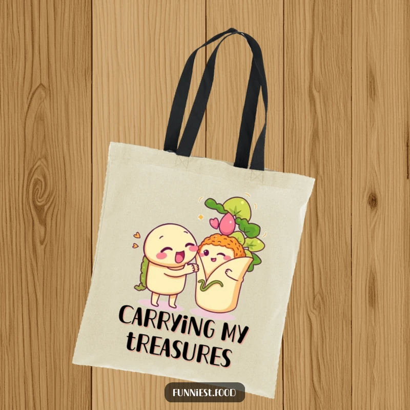 Funny Taco Tote Bag: A winking taco serenades a shy burrito, a humorous and practical bag for all your needs.