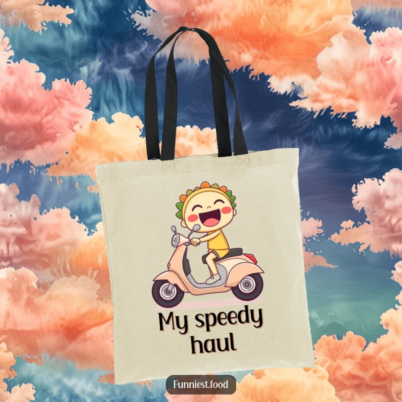 Funny tote bag showcasing a laughing taco character riding a scooter with visible speed lines.