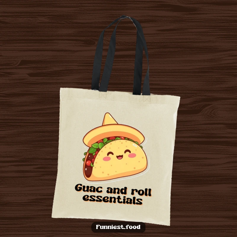 Funny tote bag featuring a beaming taco in a sombrero, playfully tipping it, ideal for carrying groceries with a humorous flair.