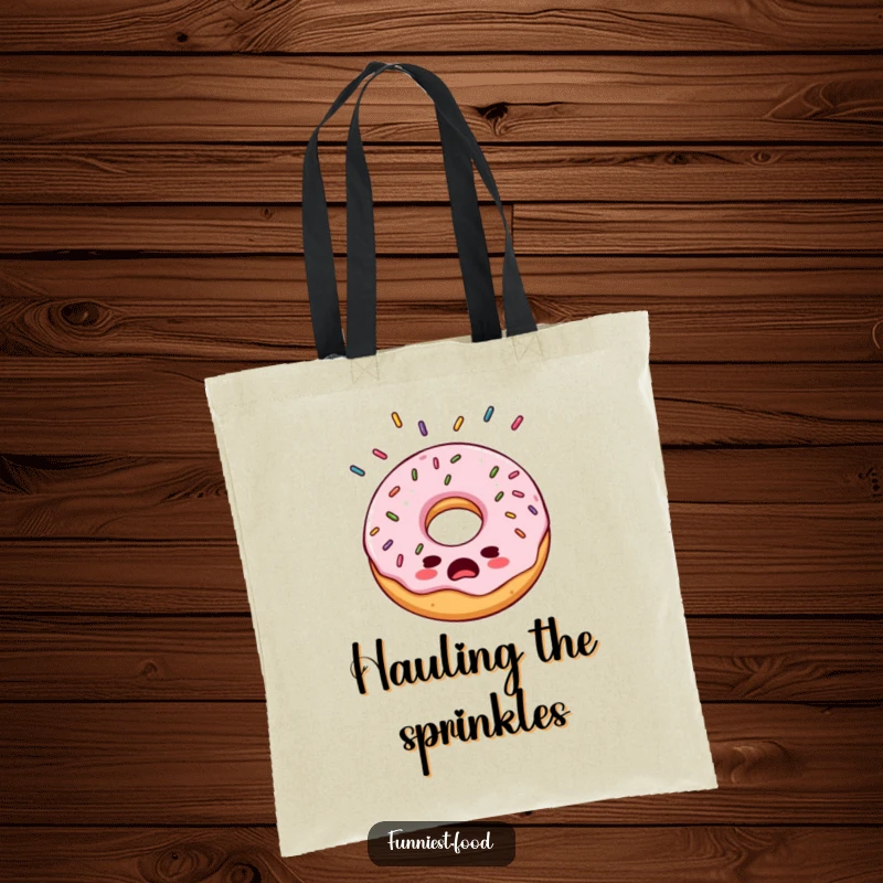 Funny bewildered donut tote bag, its expression one of surprise at the raining sprinkles, a humorous and practical carry-all.