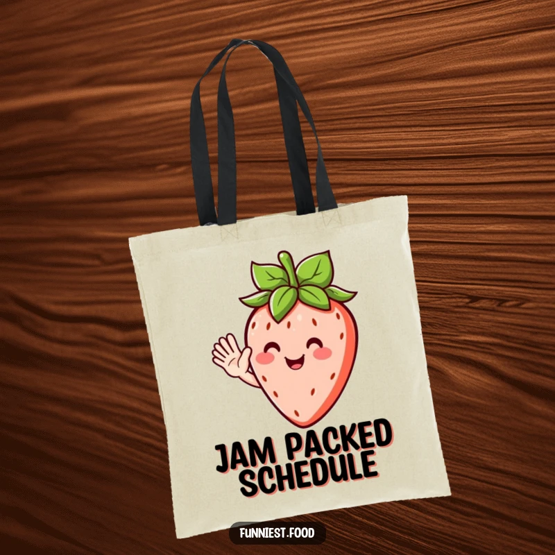Funny tote bag featuring a smiling strawberry character with leafy hair, giving a cheerful and humorous wave to passersby.