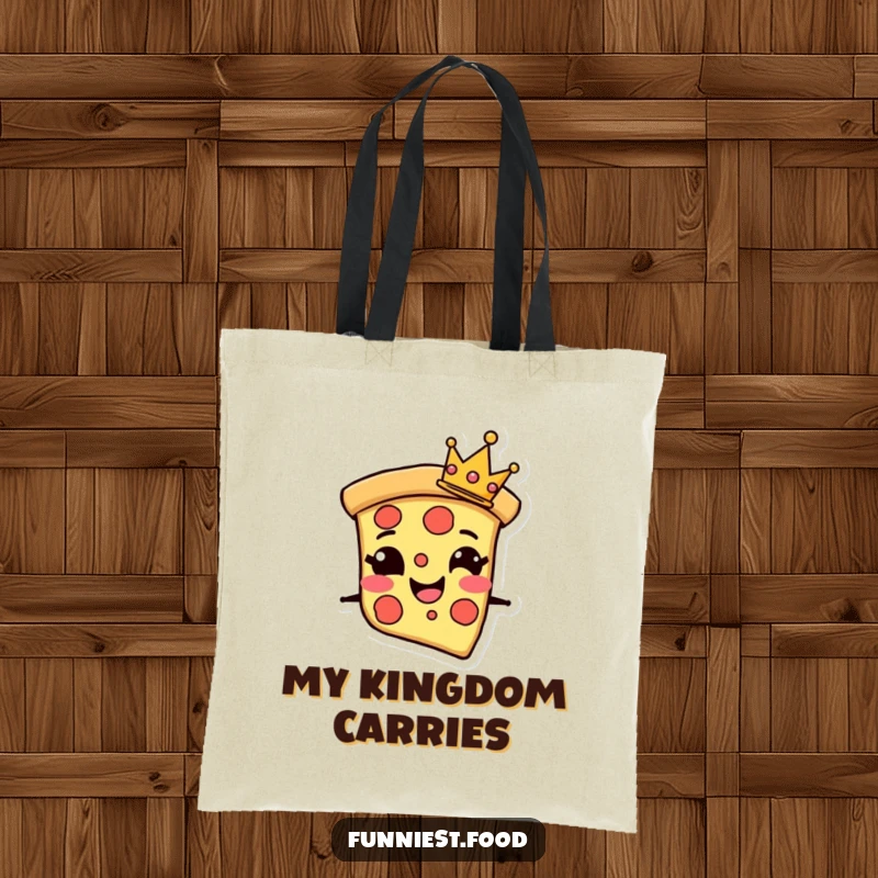 Funny Tote Bag with a grinning pizza slice character wearing a tiny crown, perfect for carrying your daily feast with flair.