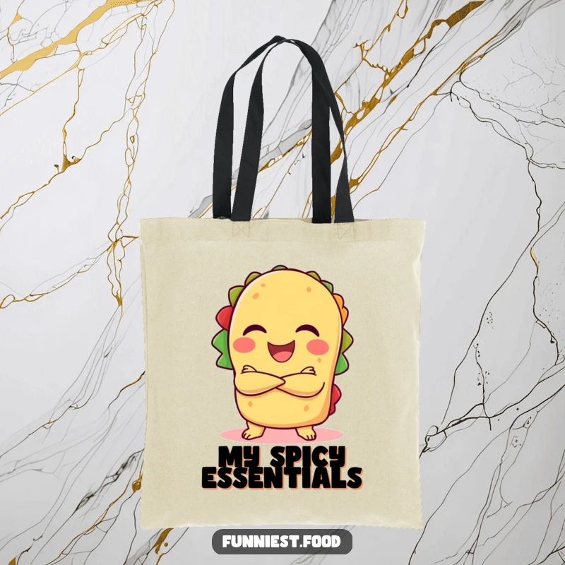 Funny laughing taco with crossed arms on a tote bag, a humorous and practical accessory.