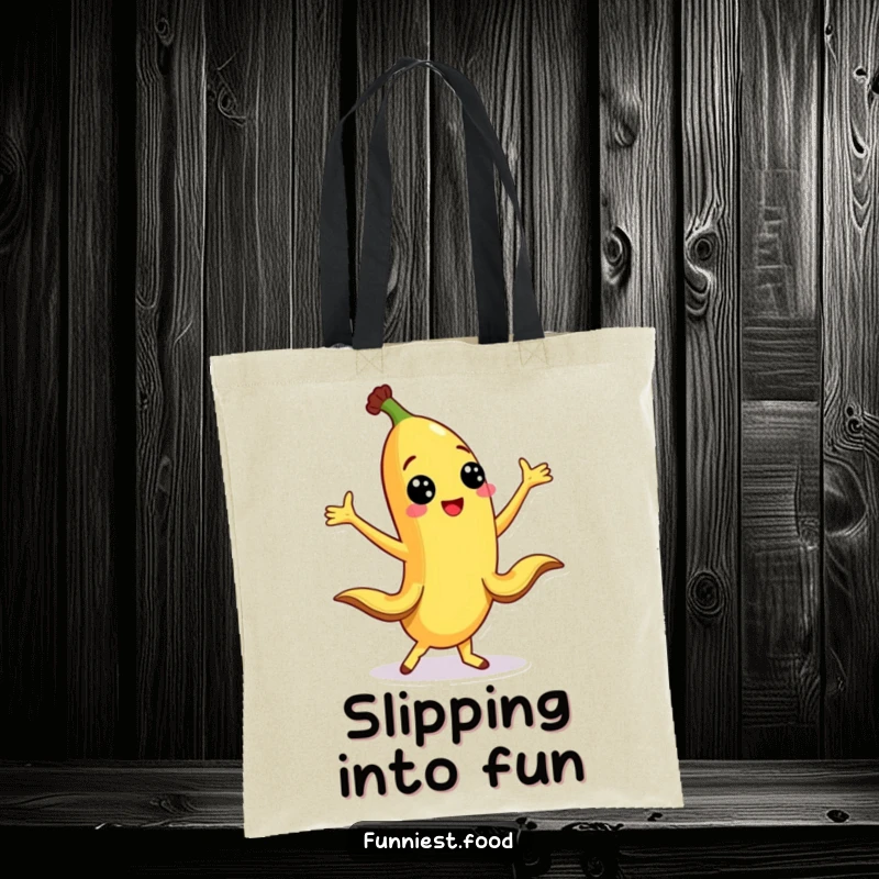 Funny banana character doing a silly dance on a tote bag, ready to carry your essentials with fruity flair.